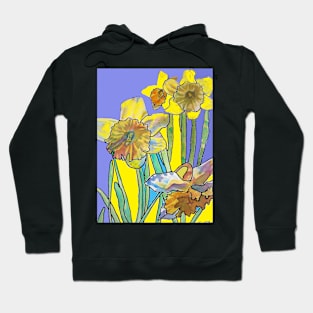 Abstract Yellow Daffodil Watercolor Pattern on Navy Blue Hoodie